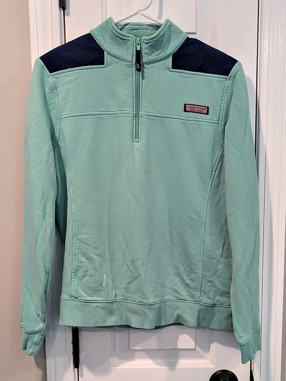 vineyard vines Saltwater Quarter-Zip Pullover Color Block Green & Blue Medium